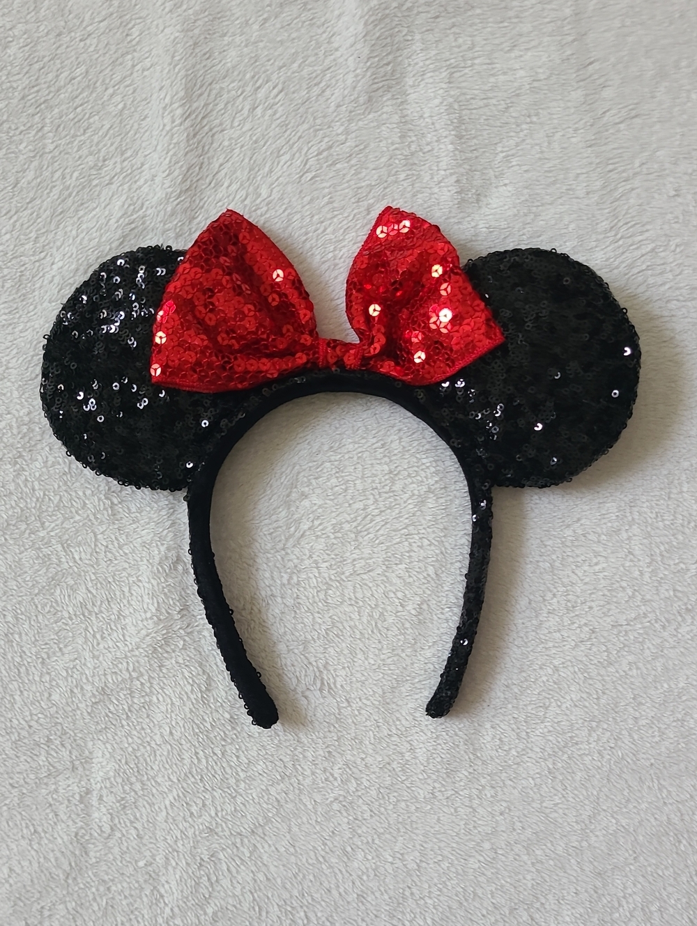 Disney Parks Minnie Mouse Ears  Headband Black Red Sequin Bow Sparkly Shimmer